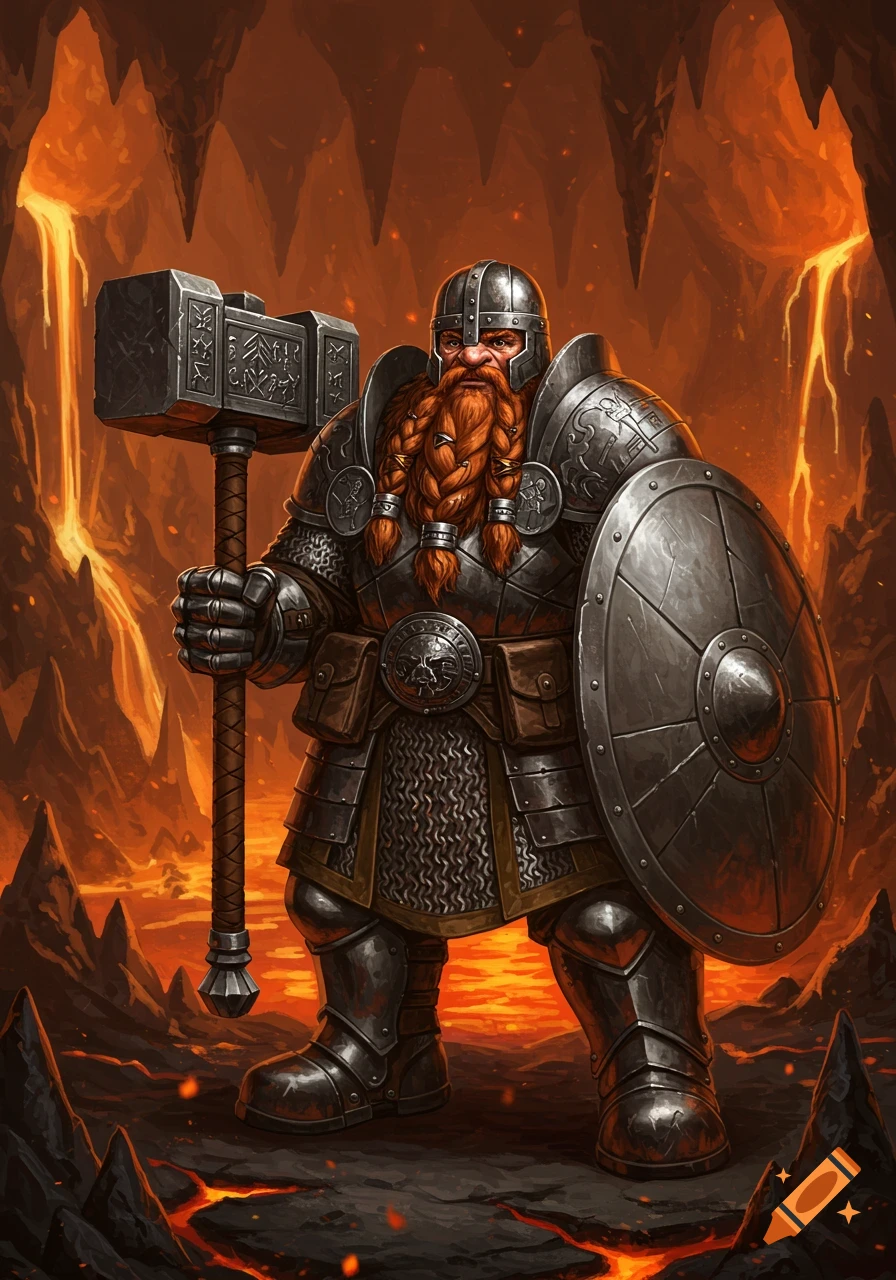 A formidable dwarf fighter in intricate armor holds a warhammer and shield, standing in a vibrant lava cave. Fantasy art style.