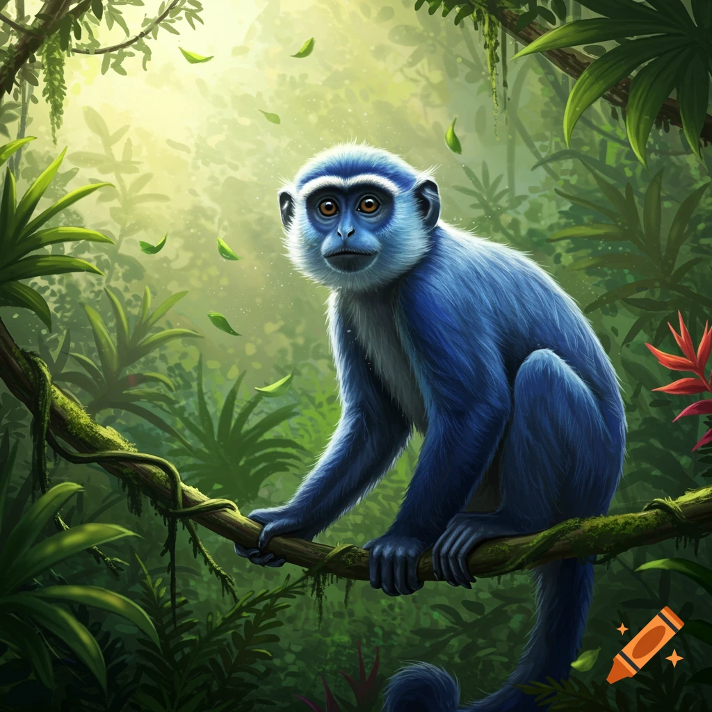 A vibrant blue monkey with big brown eyes sits on a mossy branch in a lush, sunlit jungle, with green leaves falling.
