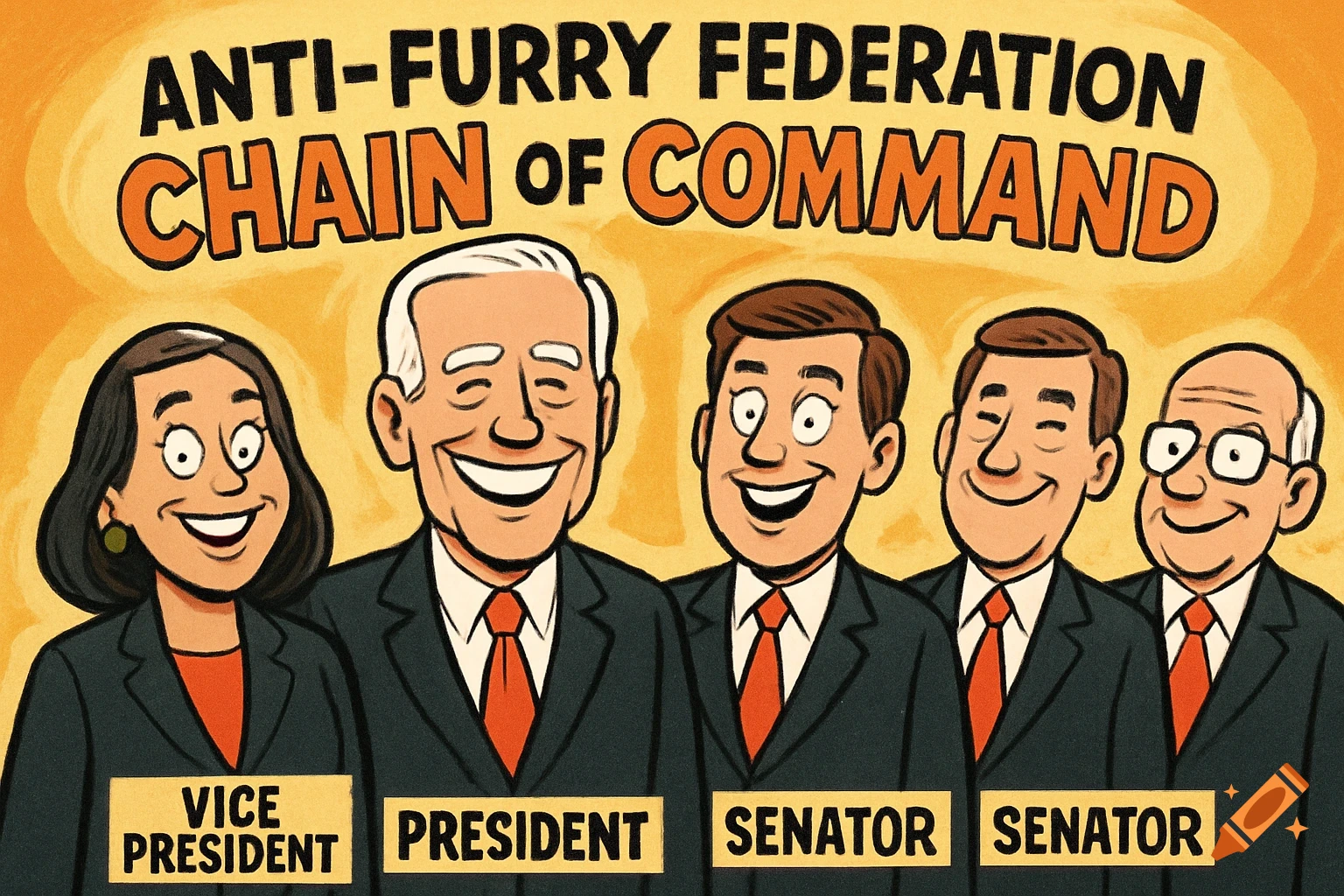 Cartoon caricatures of five smiling politicians in suits, labeled as a 'Chain of Command' against an orange background.