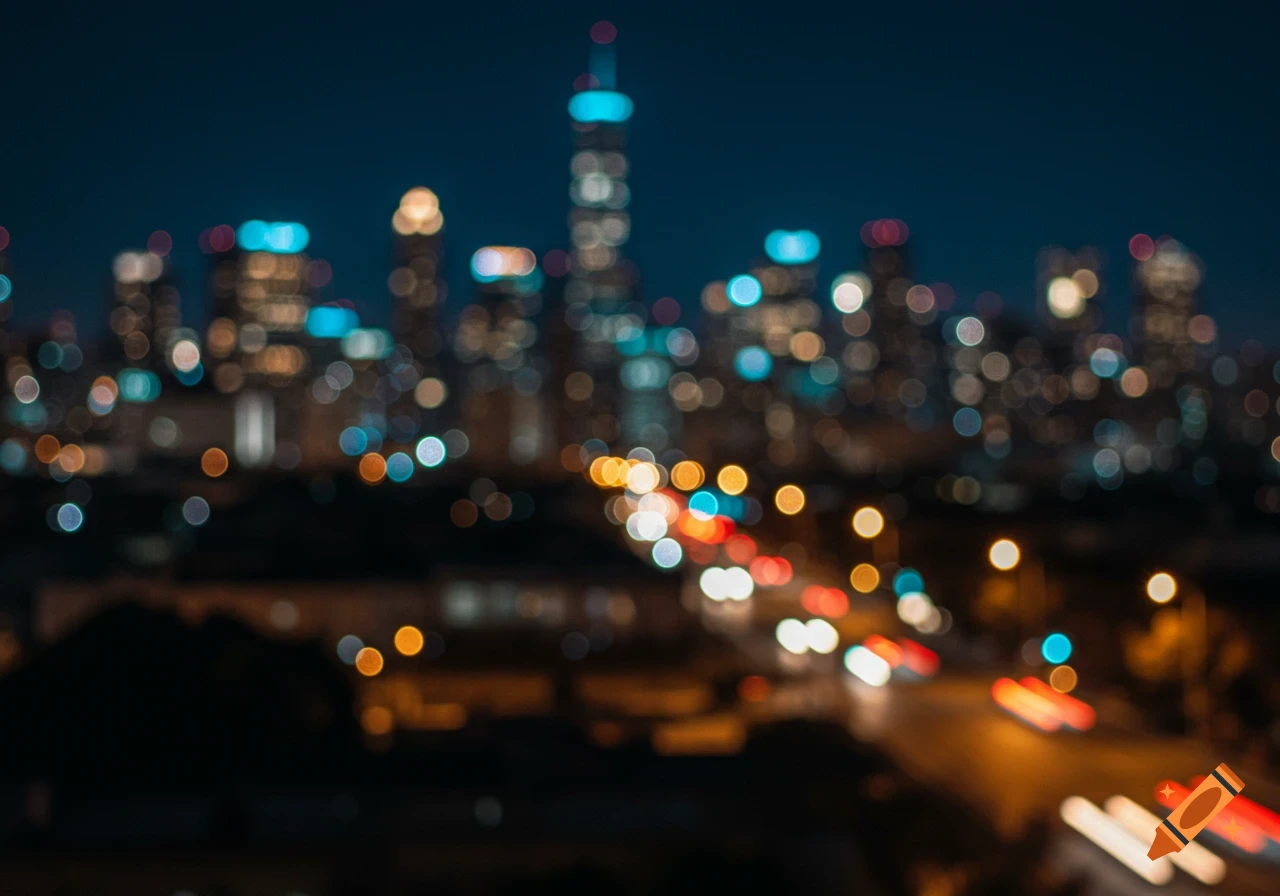 A blurry, out-of-focus photo of a city skyline at night with colorful lights forming bokeh.