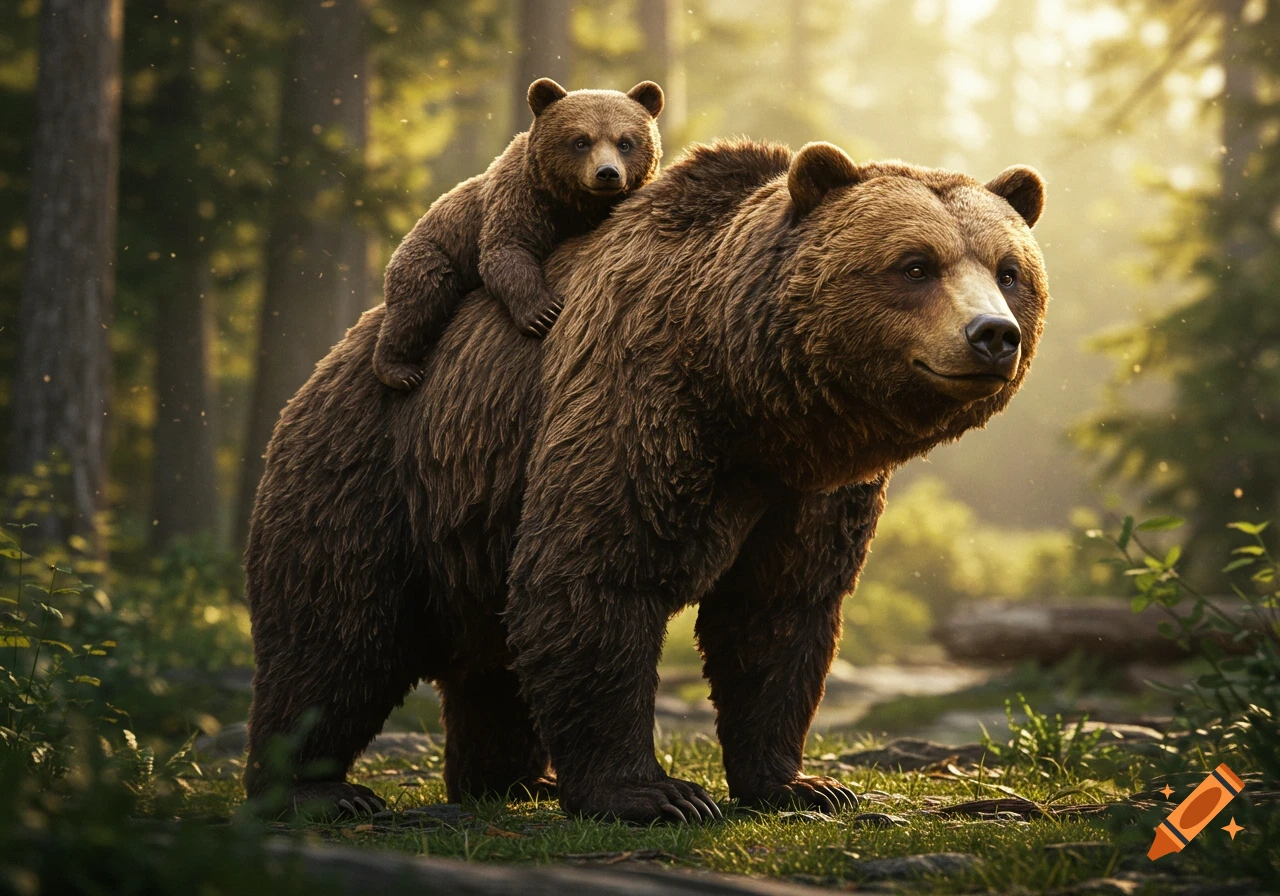 A large brown grizzly bear with a cub riding on its back in a sunlit forest.