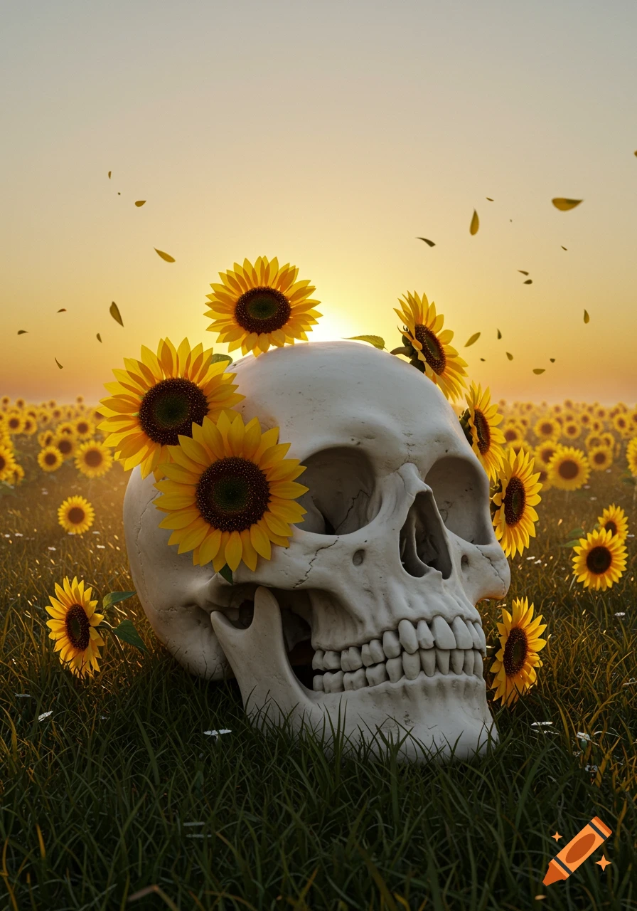 A skull adorned with sunflowers in a field at sunset.