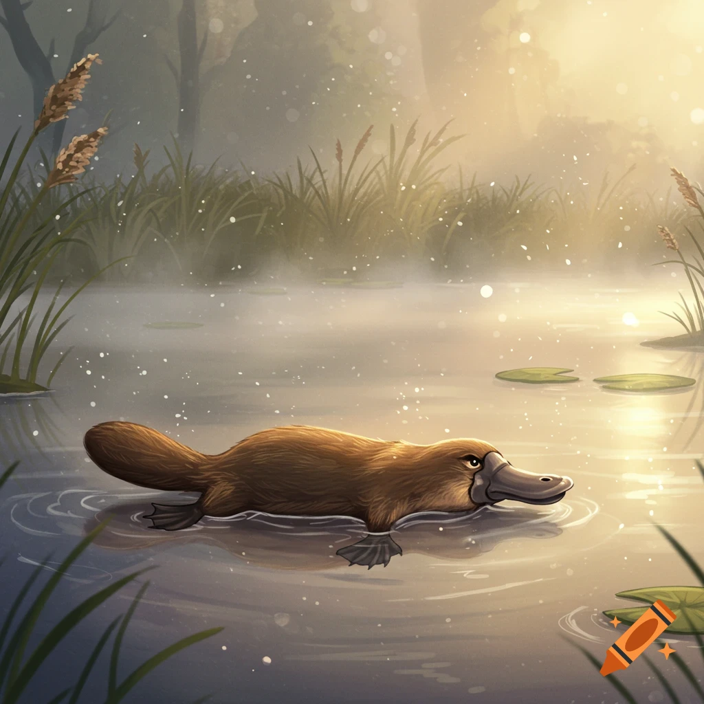 A brown platypus swims in a serene, misty pond with reeds and glowing light, rendered in a painterly style.
