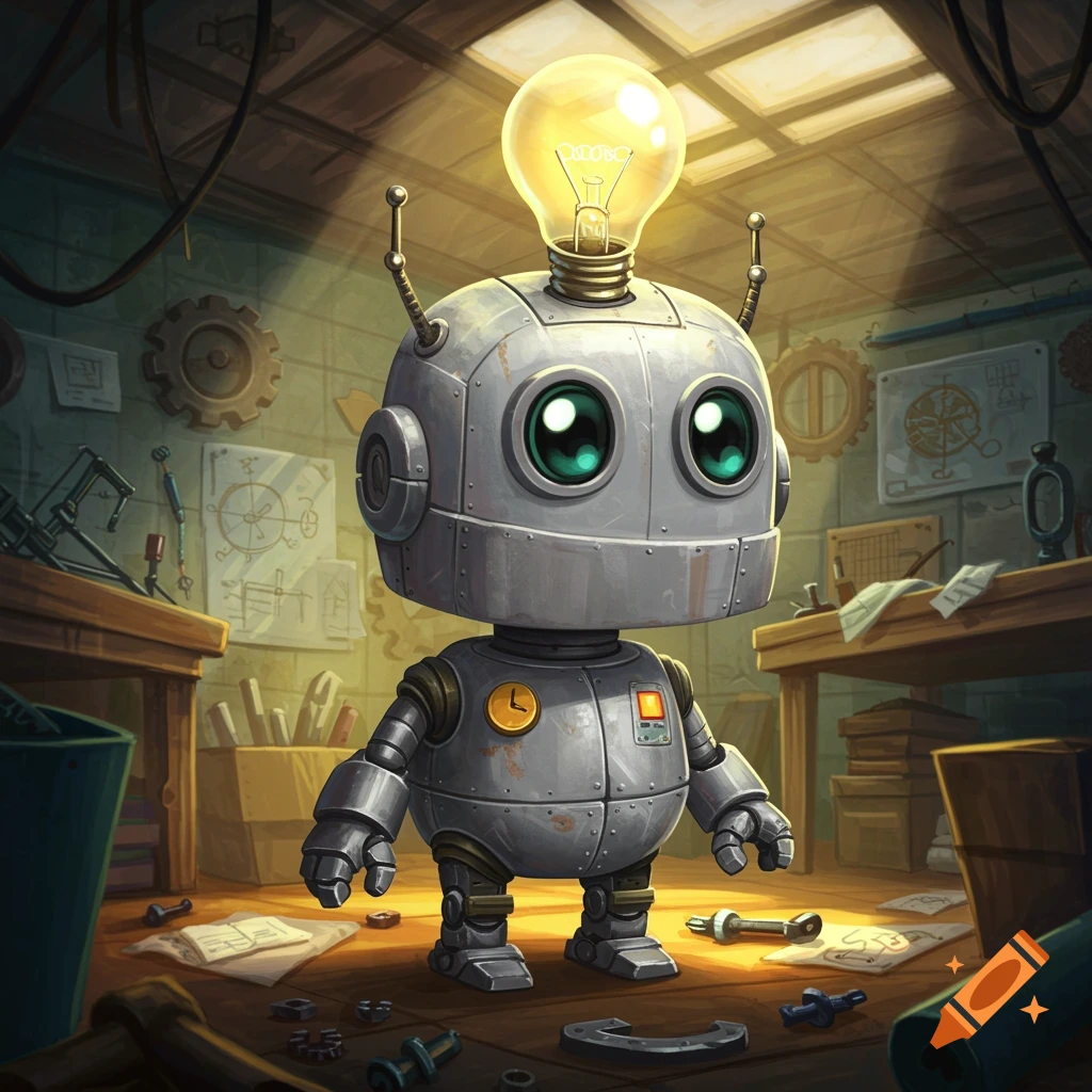 A cute, metallic robot with large green eyes and a glowing lightbulb for a head stands in a messy, dimly lit workshop.