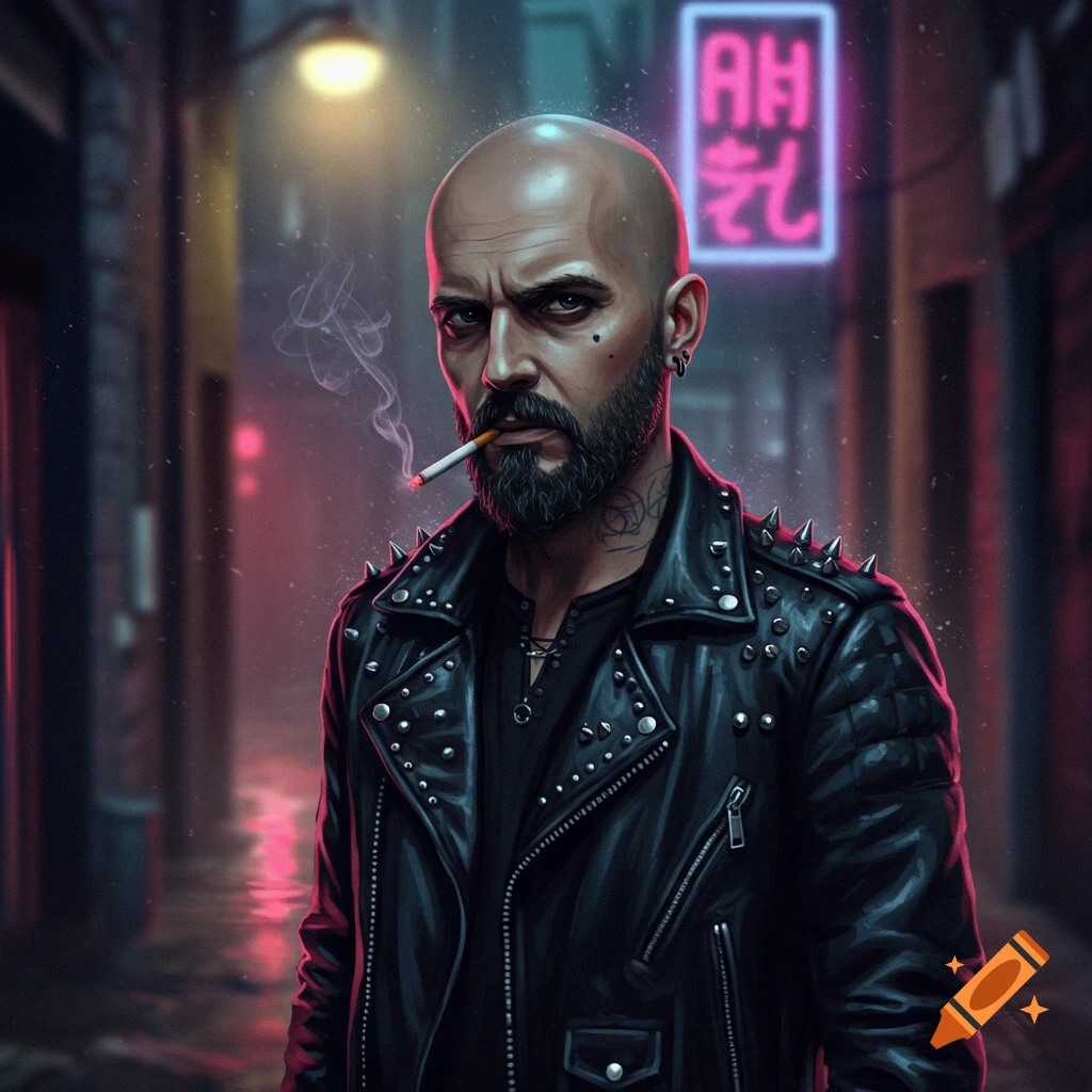A bald man with a beard and a studded leather jacket smokes a cigarette in a dark, neon-lit alley.