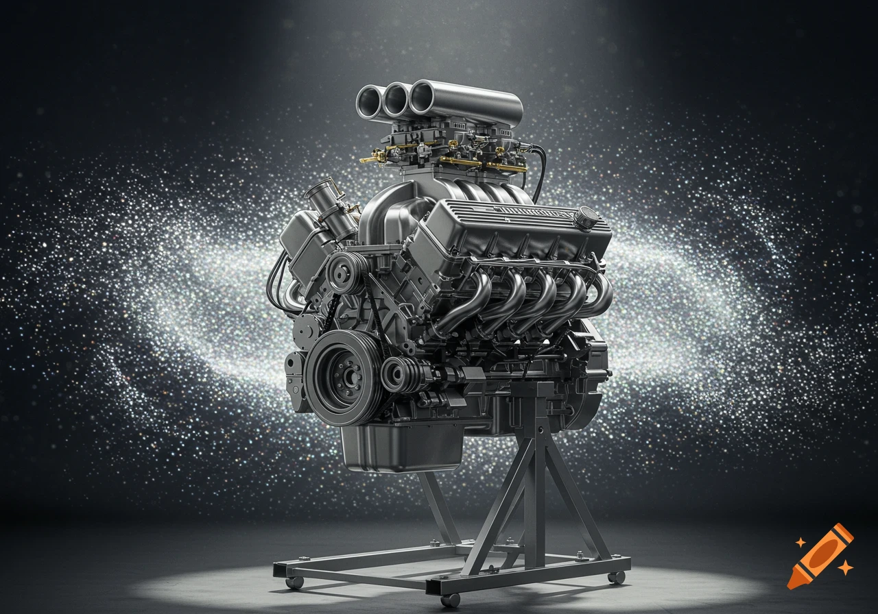 A detailed V8 engine on a stand, set against a dark background with sparkling metallic glitter.