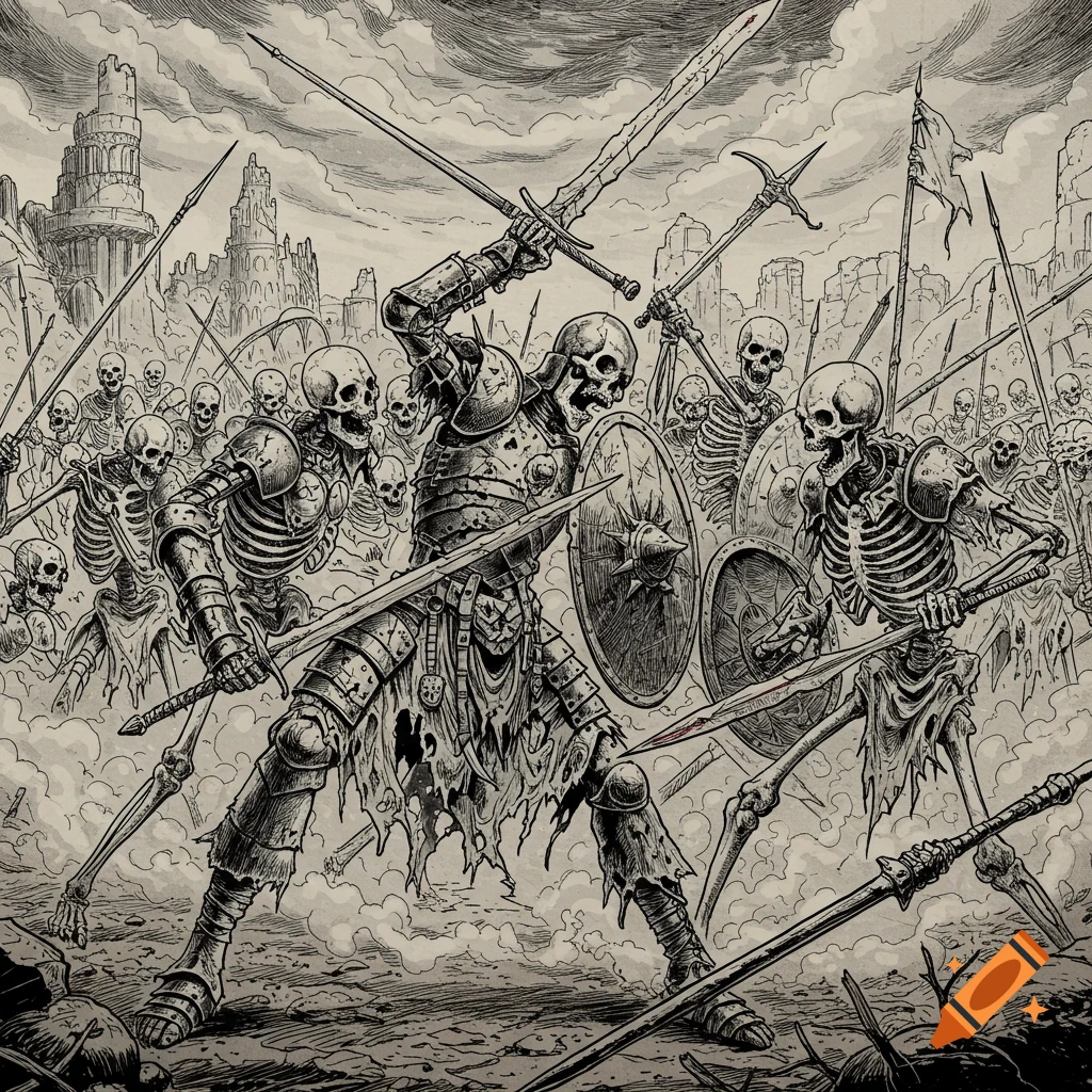 Black and white line art illustration of armored skeletons engaged in a fierce war battle on a desolate field with ruins.