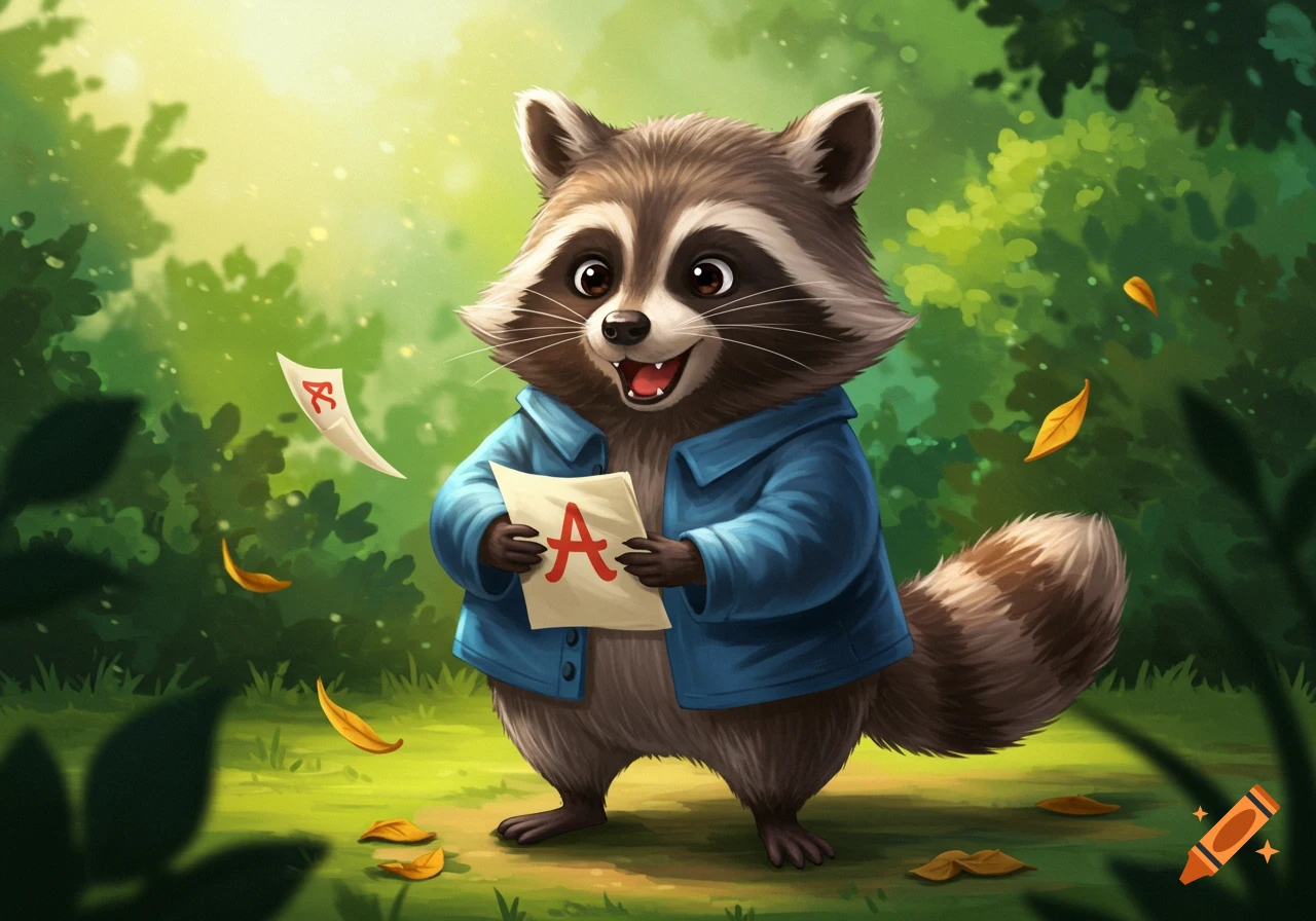 A happy cartoon raccoon in a blue jacket holds a paper with an 'A' on it in a sunny green forest.