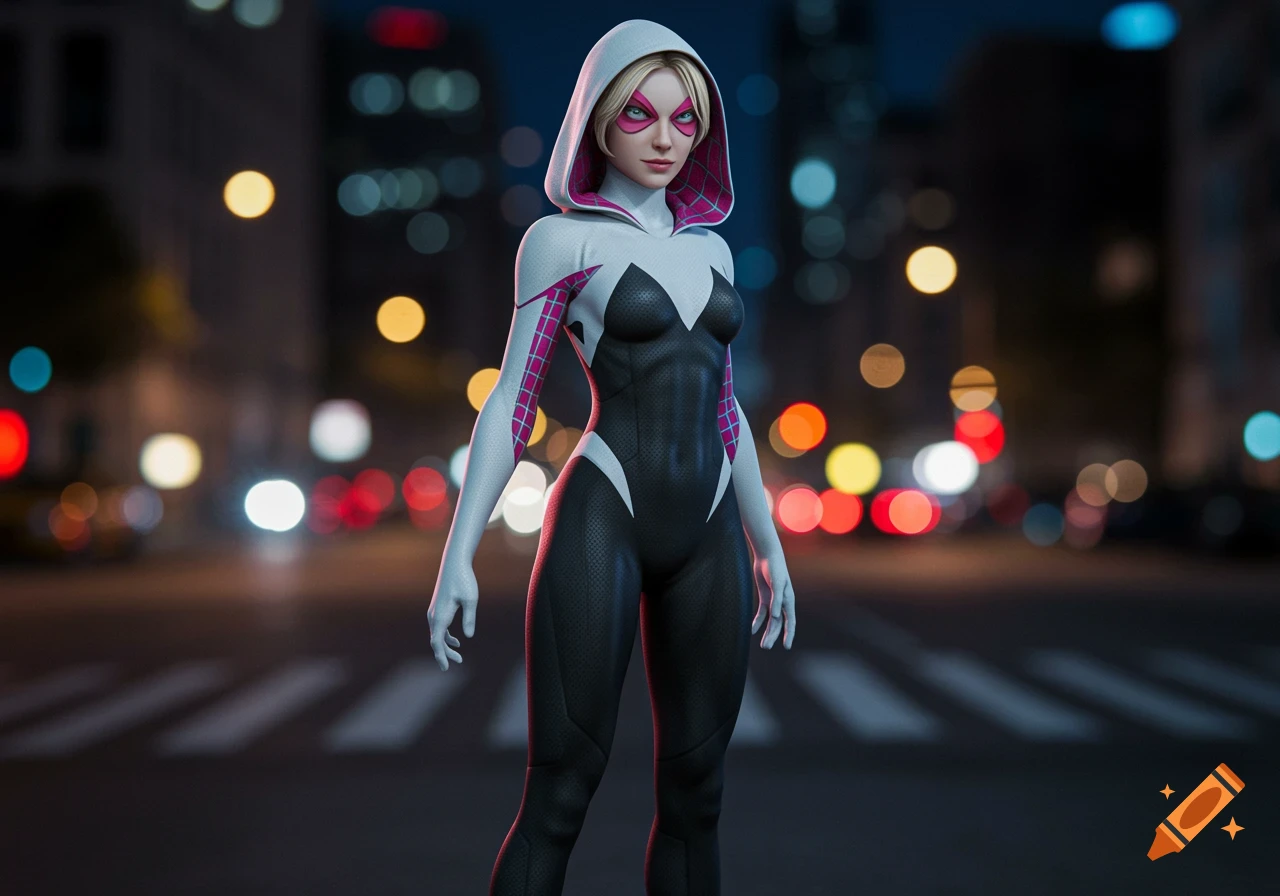 A photorealistic depiction of Spider-Gwen in her white, black, and pink suit, standing on a city street at night with blurred background lights.