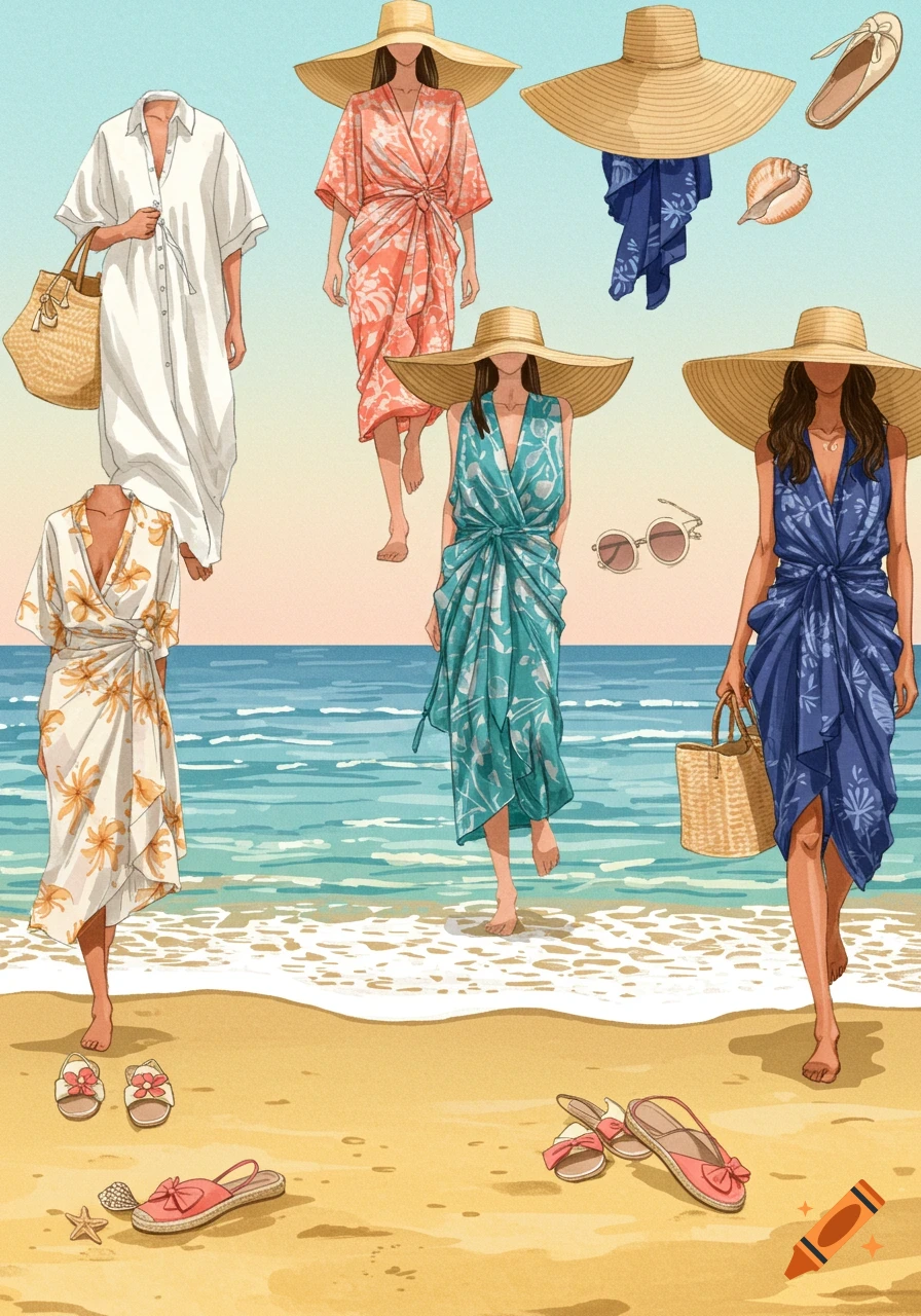 Illustration of various beach outfits including cover-ups, wide-brimmed hats, and accessories like straw bags and sandals on a sandy beach by the ocean.