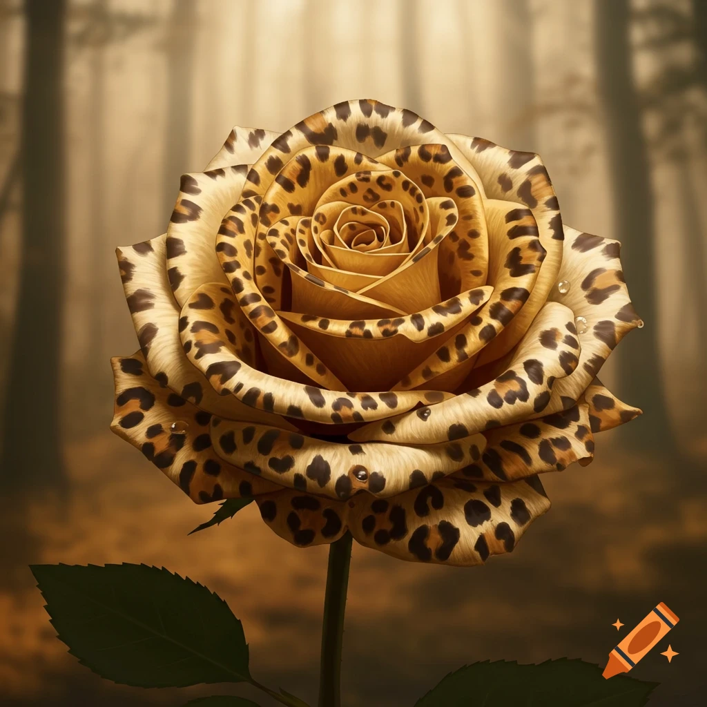 A photorealistic leopard print rose stands in a blurred forest, with light filtering through the trees.