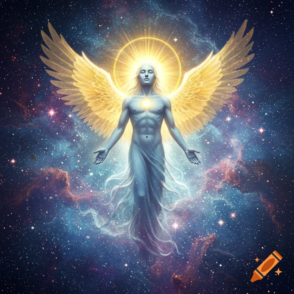 A majestic angelic figure with golden wings and a halo, radiating light, stands in a cosmic background of stars and nebulas.