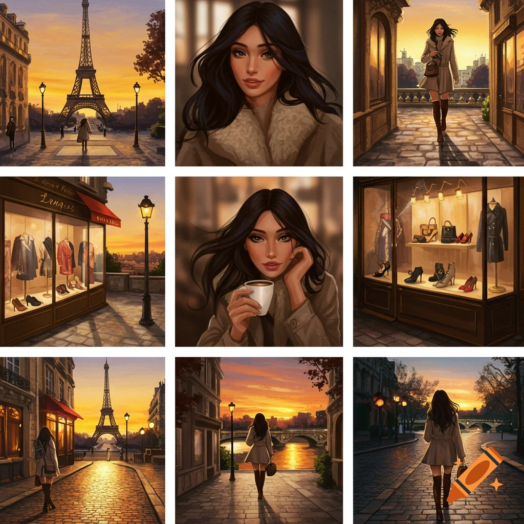 A grid of nine digital illustrations featuring a stylish woman in various Parisian settings, including the Eiffel Tower and cafes, during sunset.