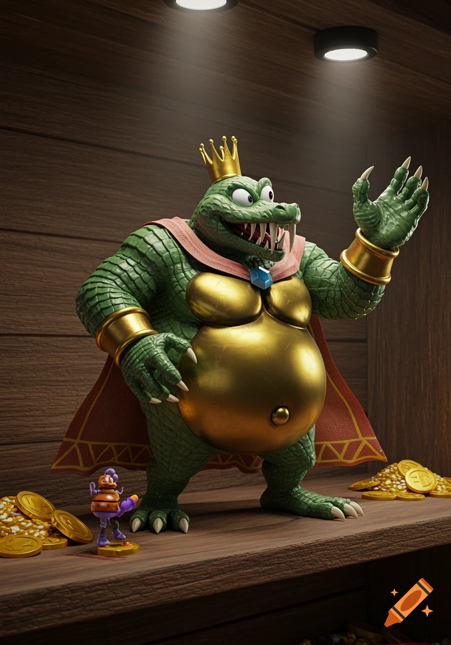 A detailed action figure of King K. Rool, a green crocodile wearing a golden crown, a red cape, and a large golden belly plate, standing on a wooden shelf next to piles of gold coins and a small purple action figure. The scene is well-lit from above.