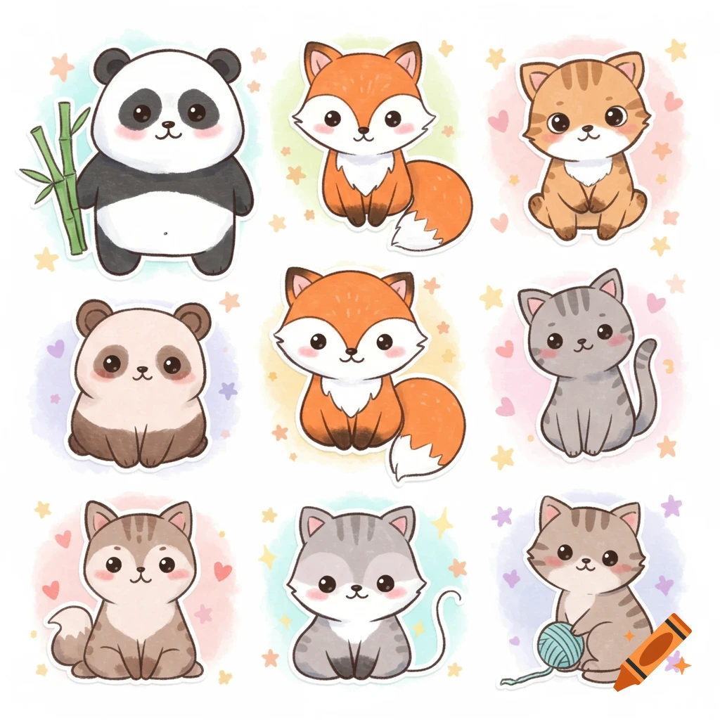 Nine cute cartoon animal stickers: two pandas (one black and white, one brown), two foxes, and five cats of various colors, on a white background with subtle watercolor splotches and stars.