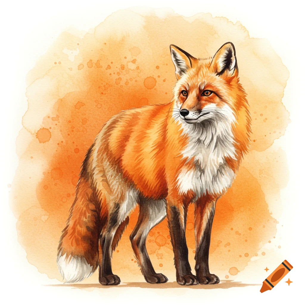 A beautiful red fox stands in a watercolor style against a vibrant orange background.