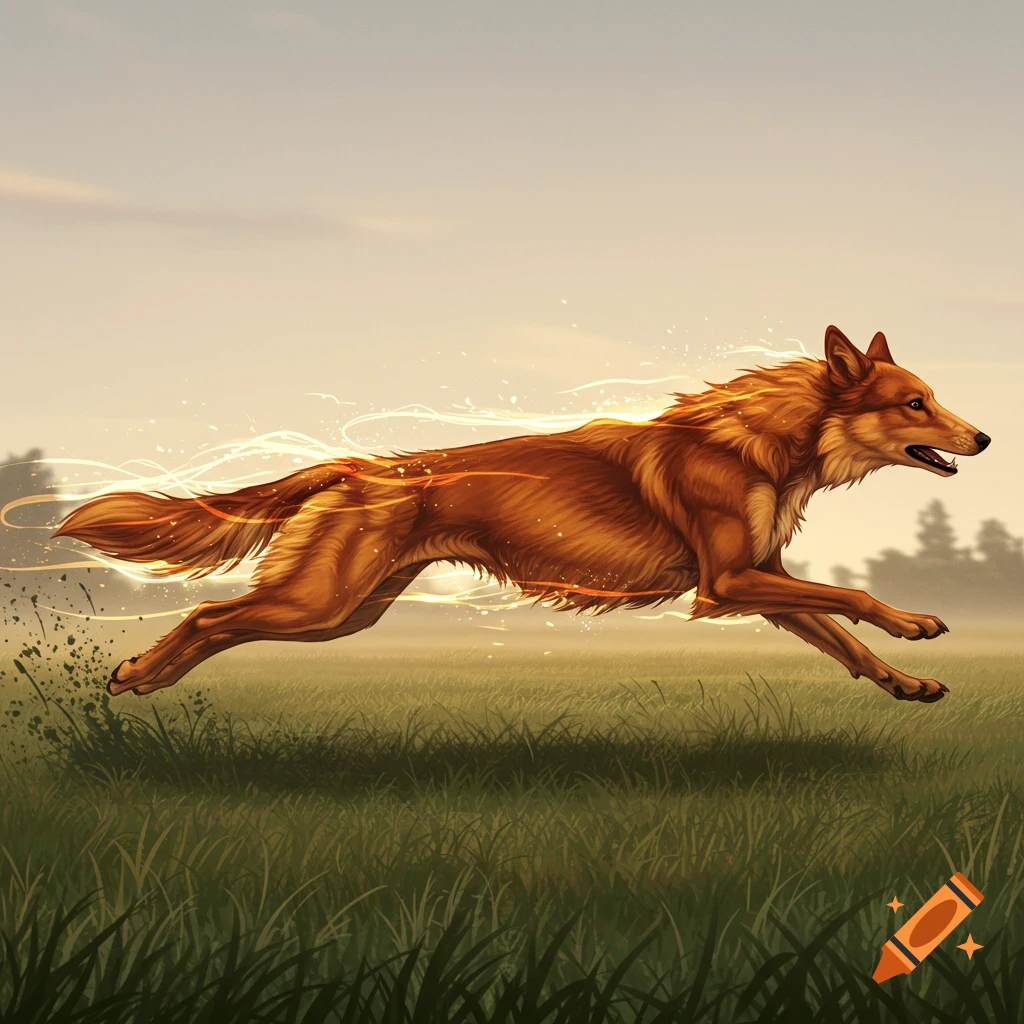 A brown canine-like creature with glowing energy trails runs at superspeed through a green field under a pale sky.