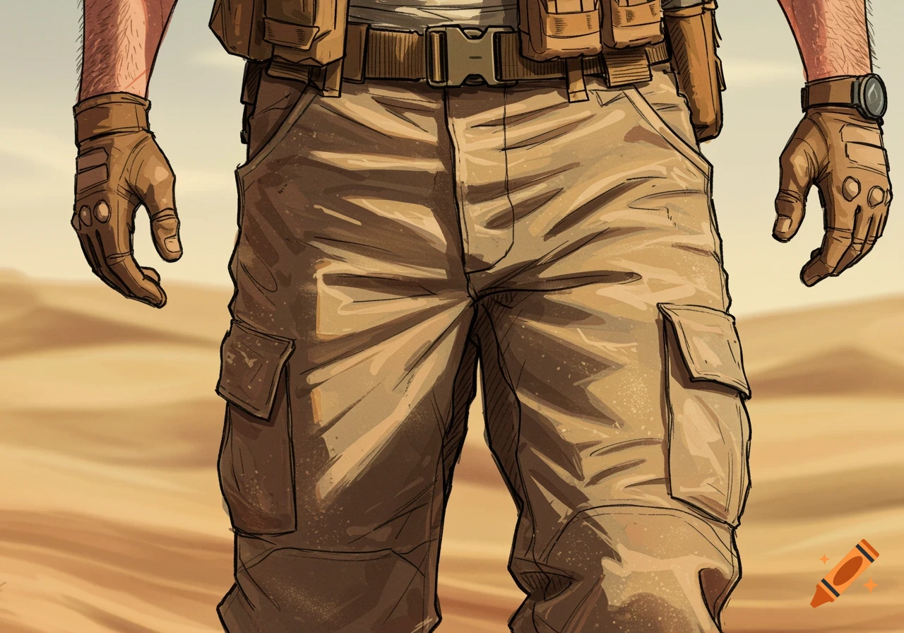 A close-up drawing of a person's lower body, wearing tan combat trousers, tactical belt, and gloves, standing in a desert landscape.