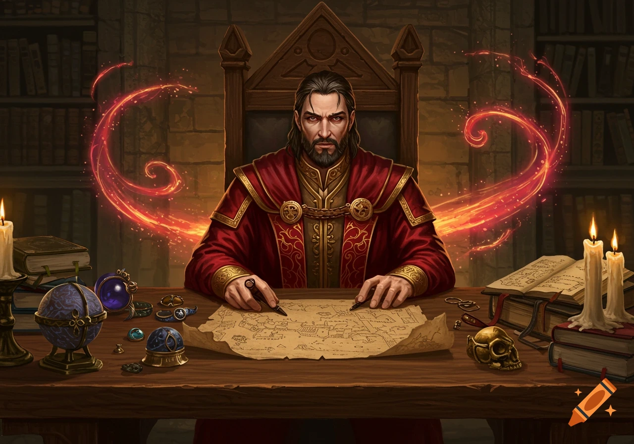 A dark-haired man in red robes, a wizard or dungeon master, sits at a desk with a map and glowing magic in a library.