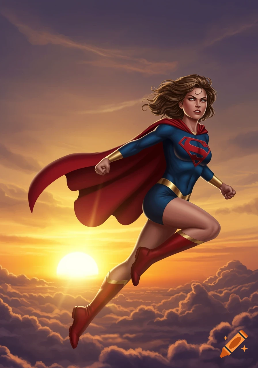 A powerful female superhero in a blue and red suit with a red cape flies through a cloudy sunset sky.