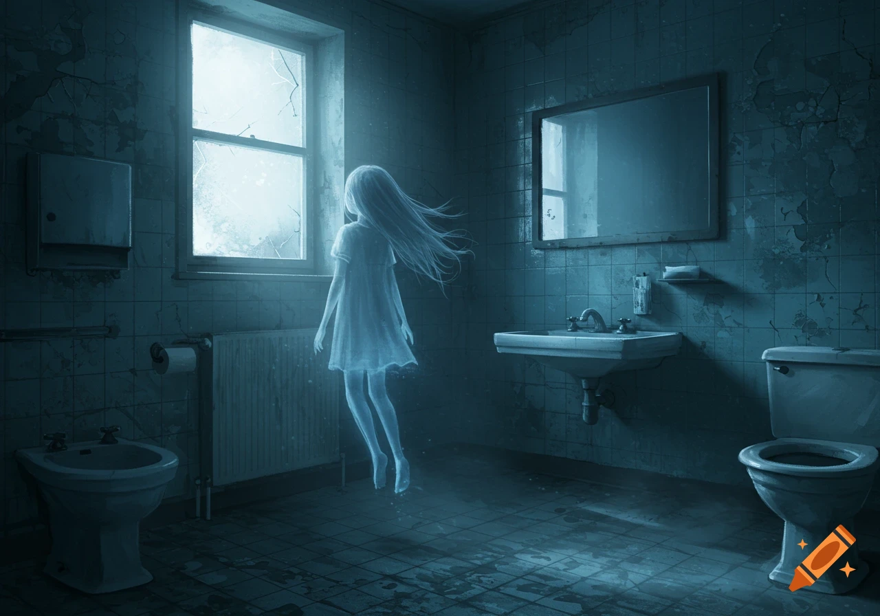 A translucent girl with long hair floats in a derelict bathroom, looking out a broken window. The room is bathed in a pale blue light.