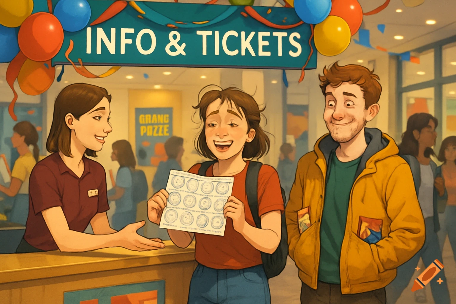 Three cartoon students at a busy reception desk with an 'Info & Tickets' sign, one holding a stamped map.