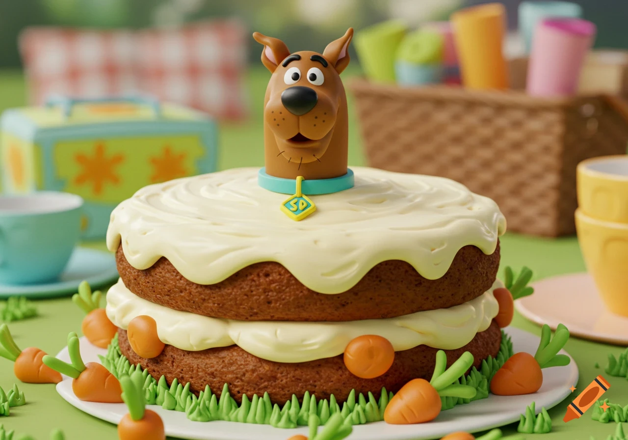 A detailed two-tier carrot cake with cream cheese frosting, topped with a Scooby-Doo character figurine and decorated with small candy carrots and green grass.