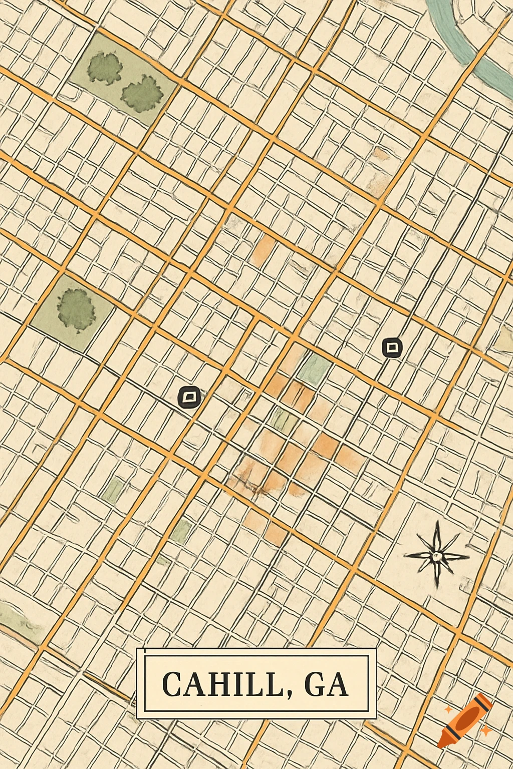 A stylized vintage street map of Cahill, GA, featuring a grid of blocks, main roads, green park areas, and two location markers.