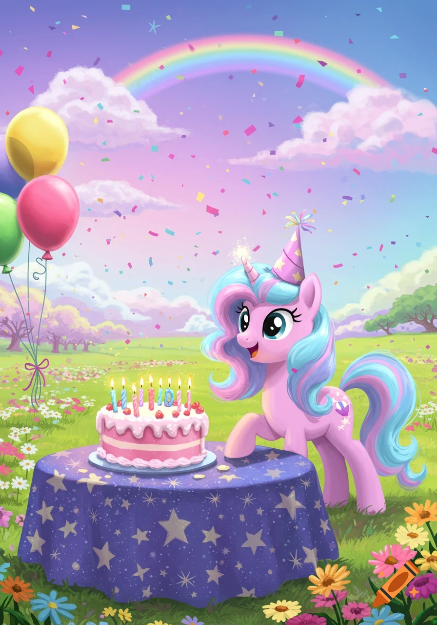 A cute pink cartoon pony with a party hat and colorful mane stands next to a birthday cake in a field with balloons, confetti, and a rainbow.