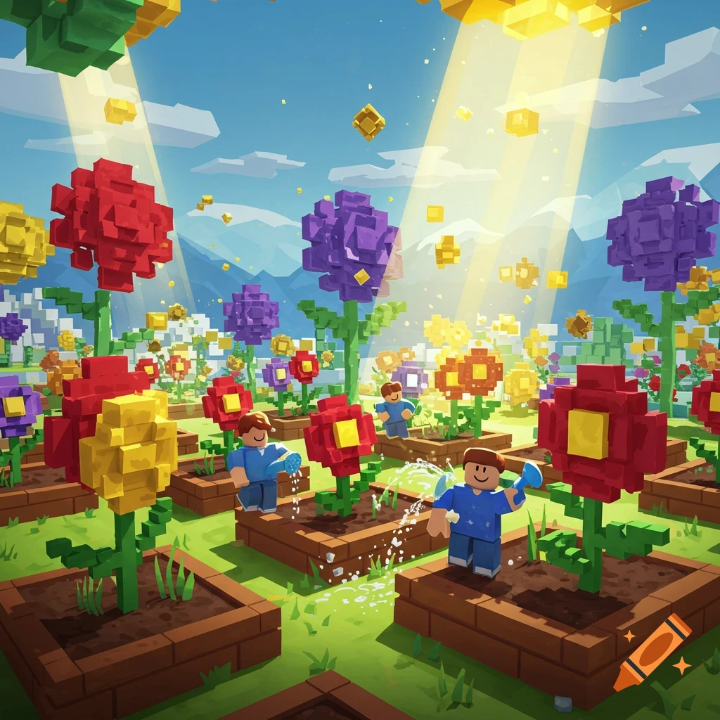Blocky characters watering colorful, block-shaped flowers in a vibrant Roblox-style garden under a sunny sky.