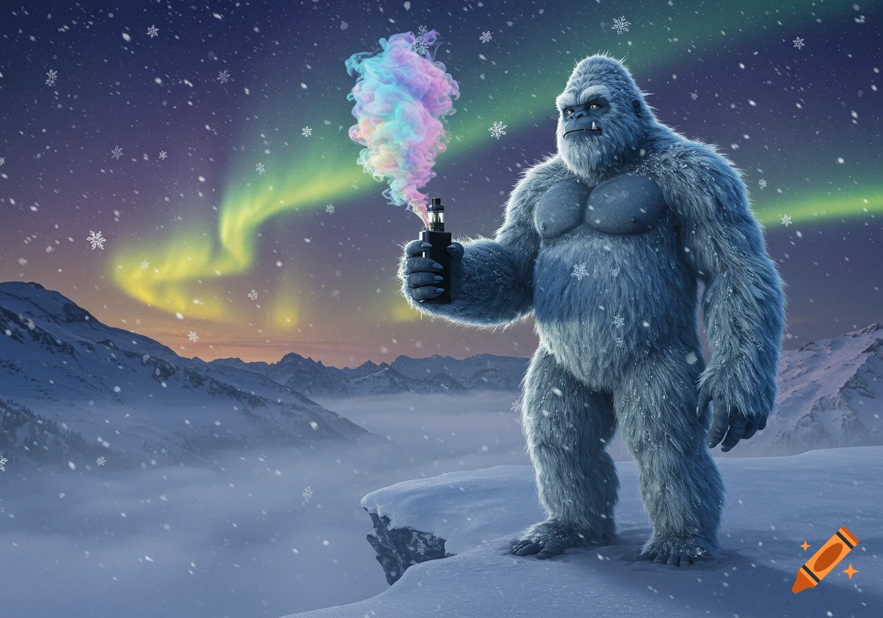 A large blue yeti stands on a snowy mountain peak, exhaling colorful vape smoke under the aurora borealis and falling snow.