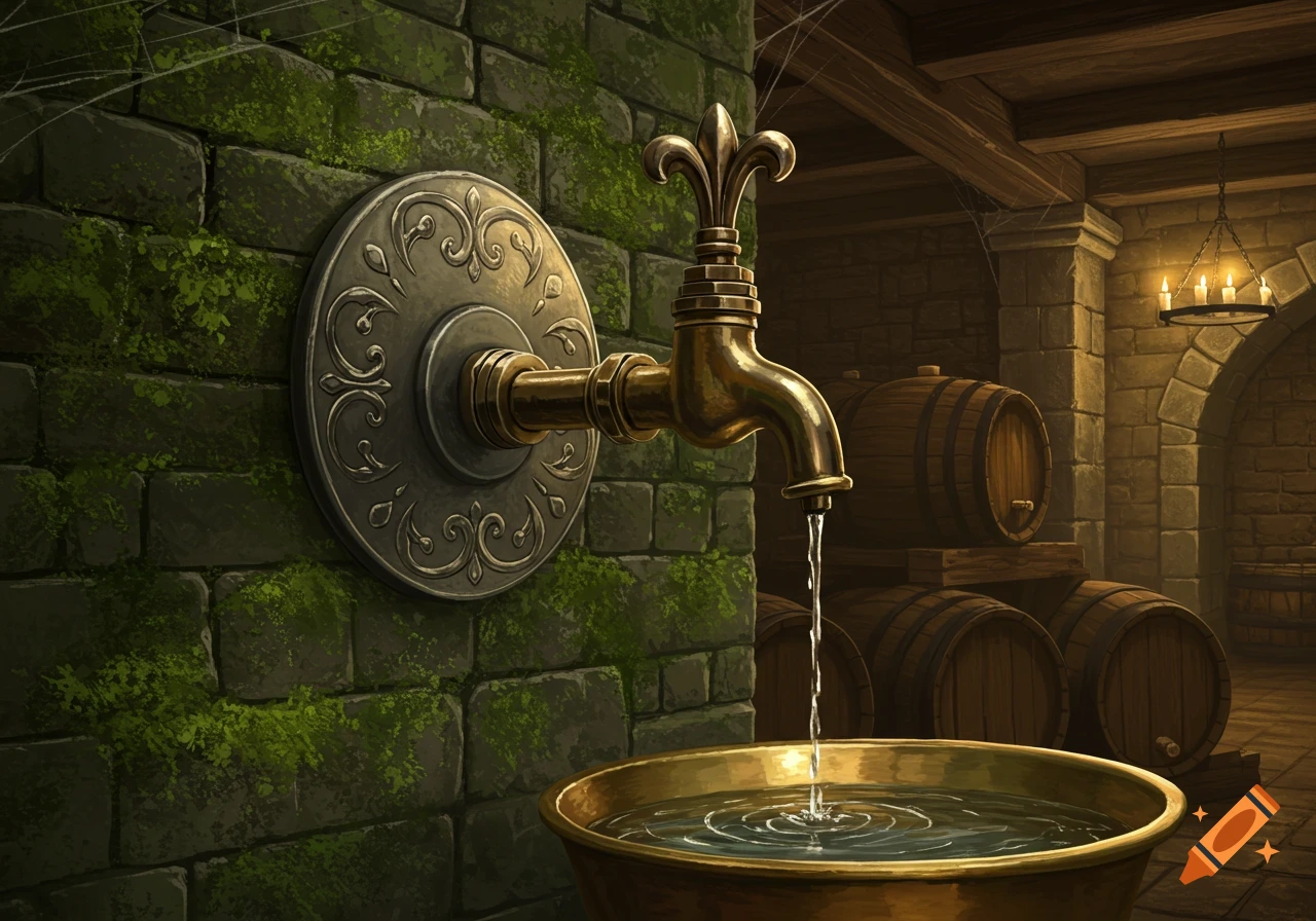 A medieval brass tap with a fleur-de-lis handle drips water into a golden basin against a mossy stone wall in a cellar with barrels.