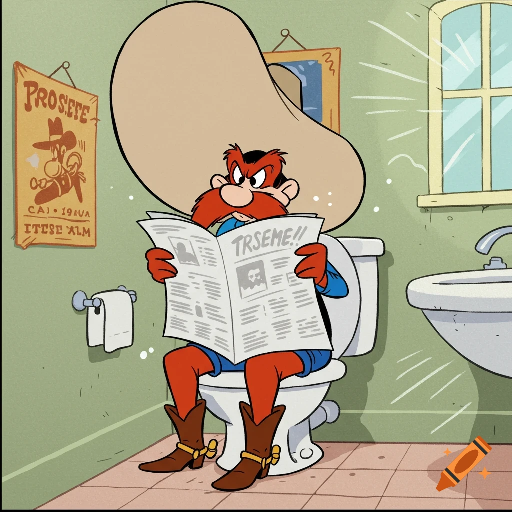 Cartoon Yosemite Sam sitting on a toilet reading a newspaper in a bathroom.