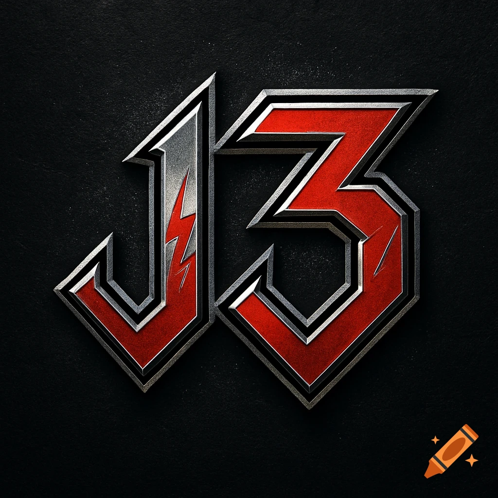 Metallic red and silver rock band style logo for J3 with a lightning bolt on a dark background.