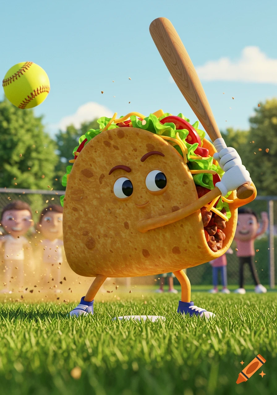 A cartoon taco with a baseball bat swings at a softball on a green field.