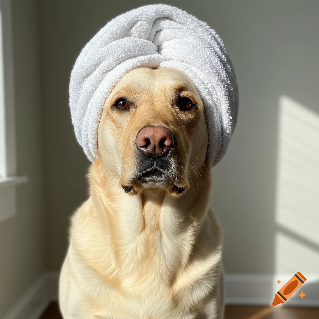 A yellow Labrador retriever with a black nose wearing a white towel wrapped on its head, looking directly at the camera.