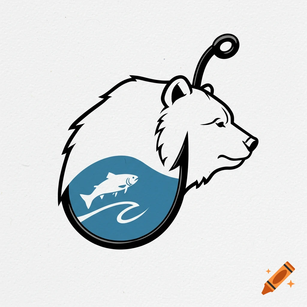 Stylized logo combining a bear's head and a fishing hook, with a fish and water inside.