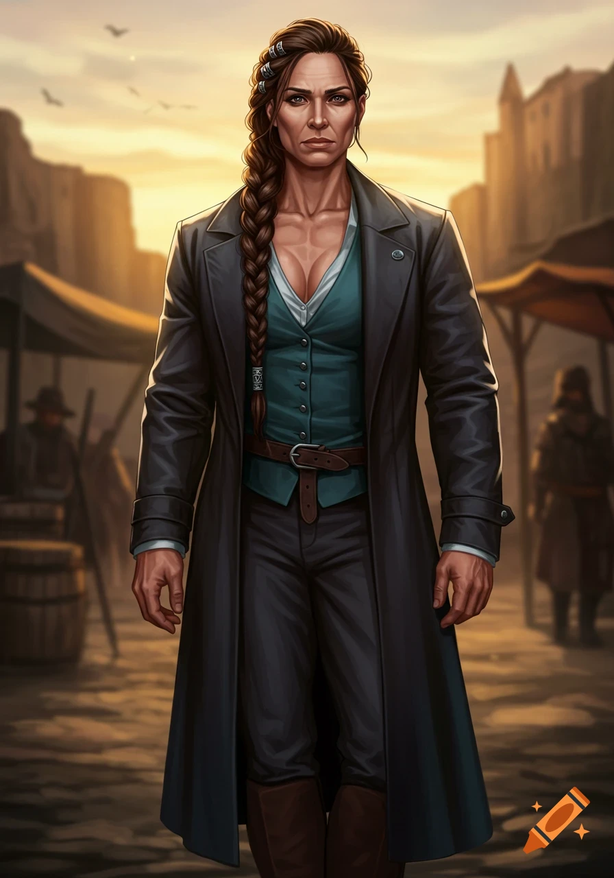 A tall, muscular woman with a long braid, wearing a dark trench coat and teal vest, stands in a sunlit marketplace.