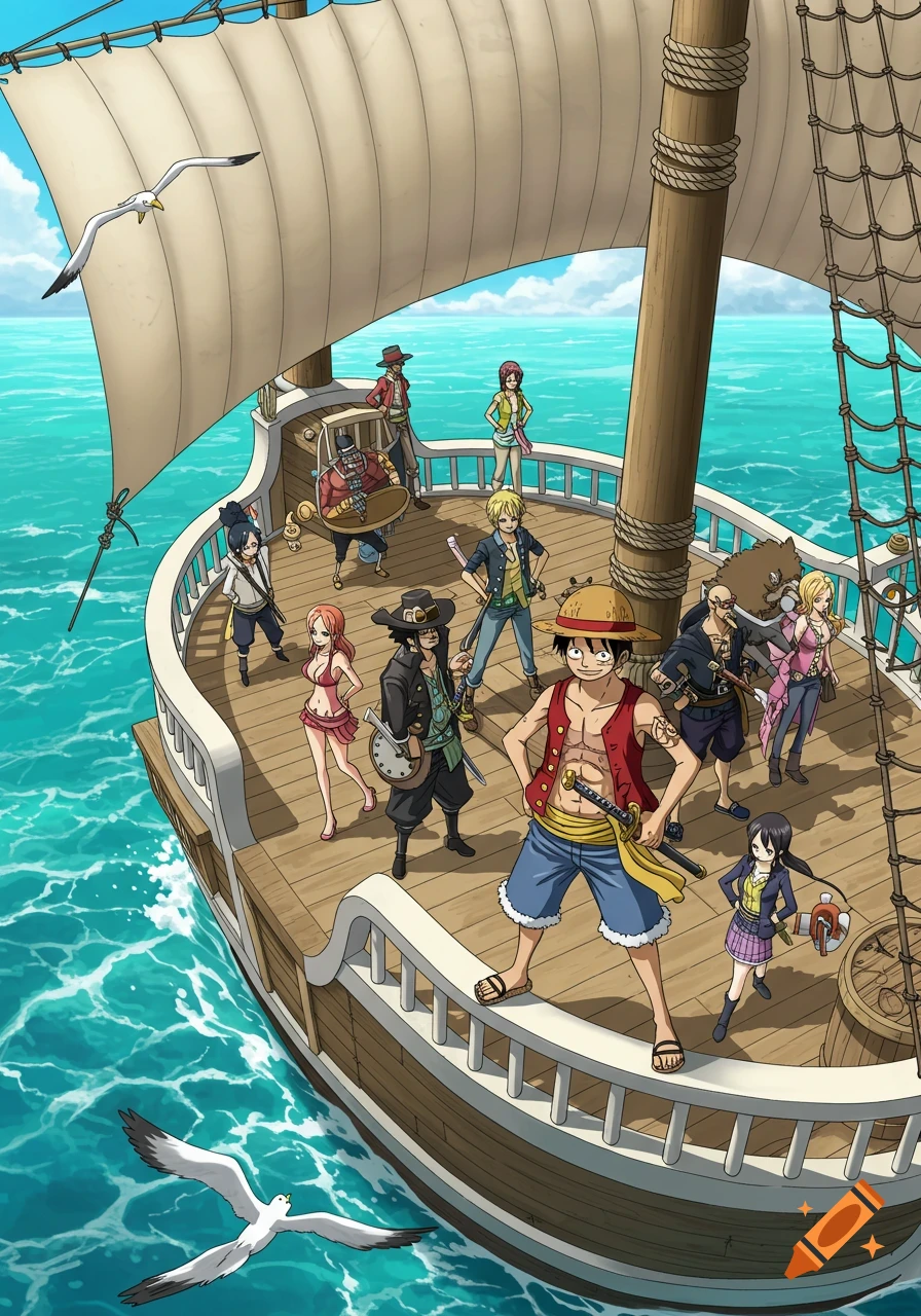 A group of anime characters on a wooden pirate ship sails on a vibrant blue ocean, with seagulls flying around.