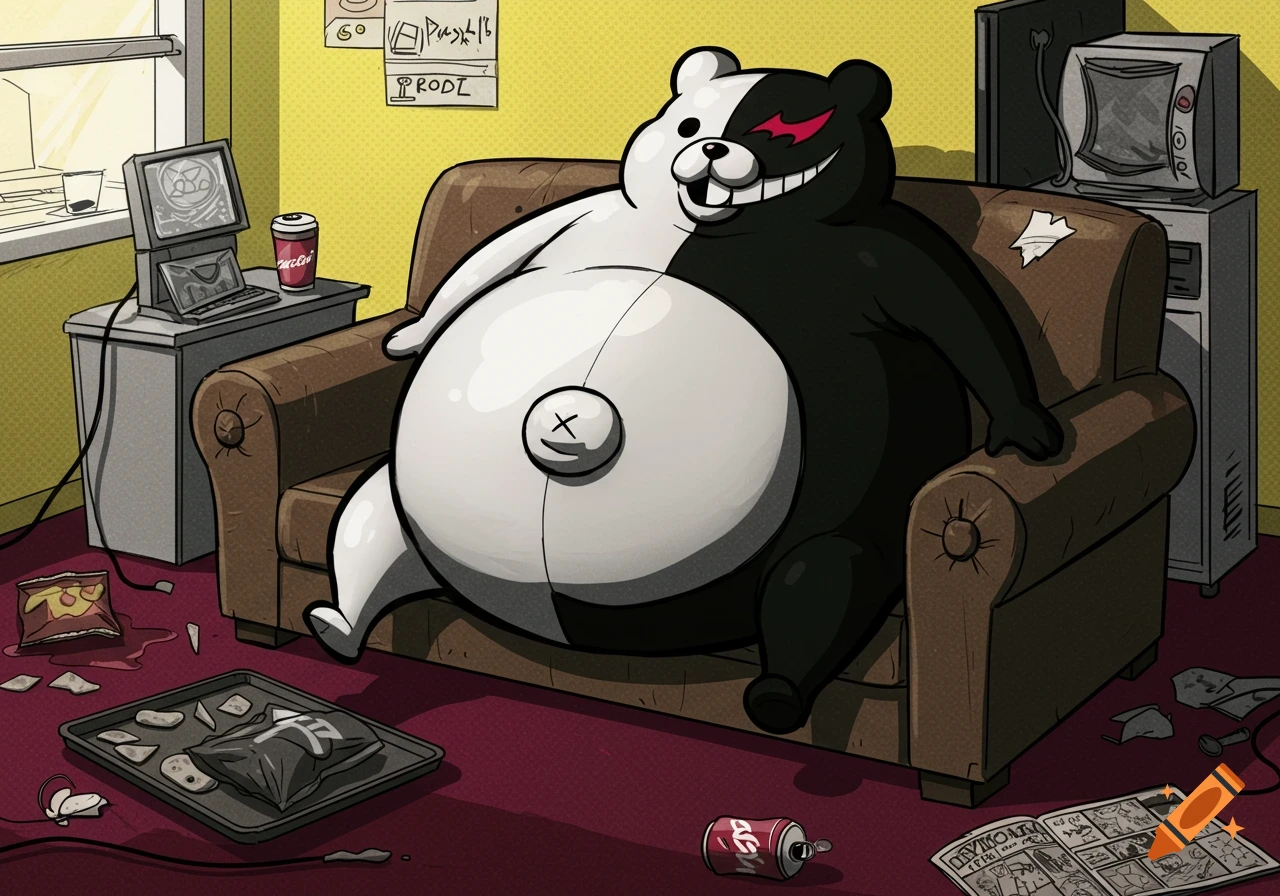 An obese Monokuma, split black and white, sits on a brown sofa in a messy breakroom, surrounded by junk food, an old computer, and discarded items in a Danganronpa-like art style.