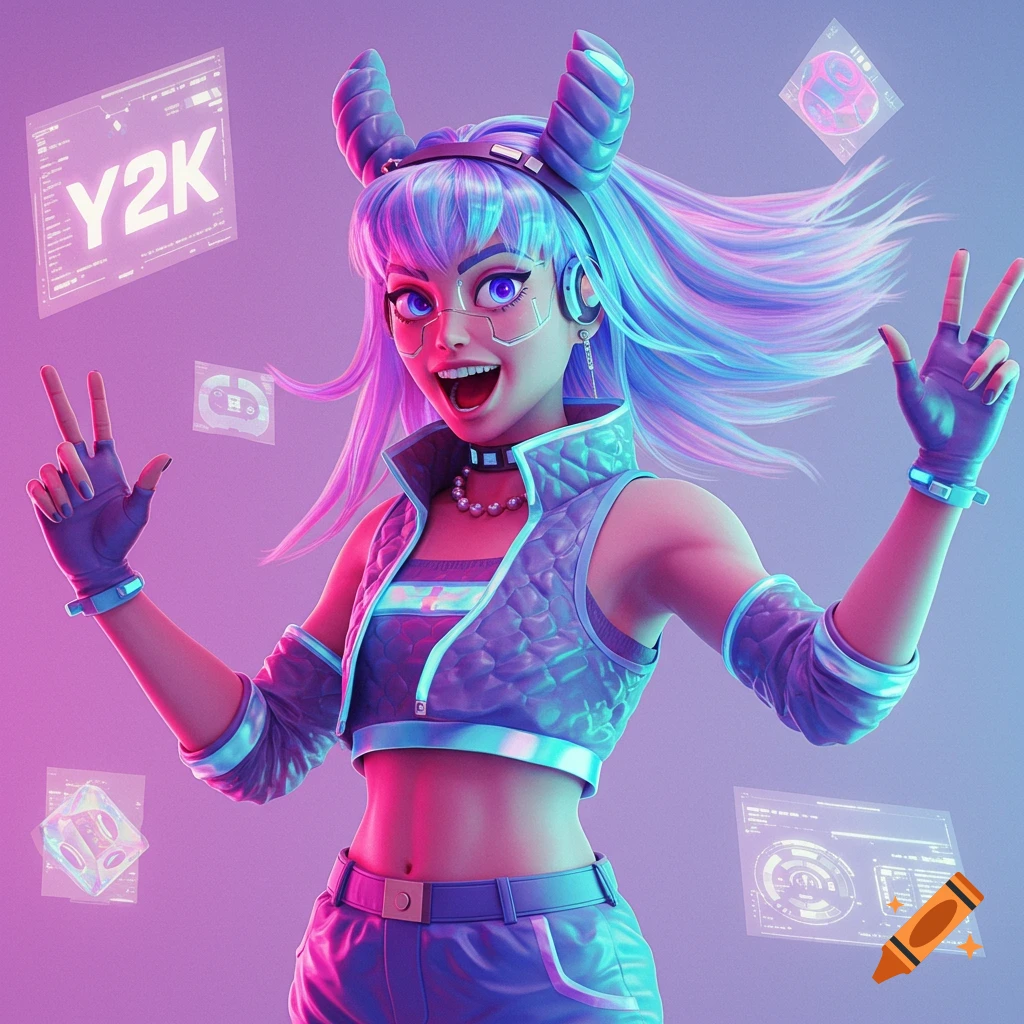 A vibrant 3D cartoon character with blue and pink hair, futuristic clothing, and holographic elements including 'Y2K' text.