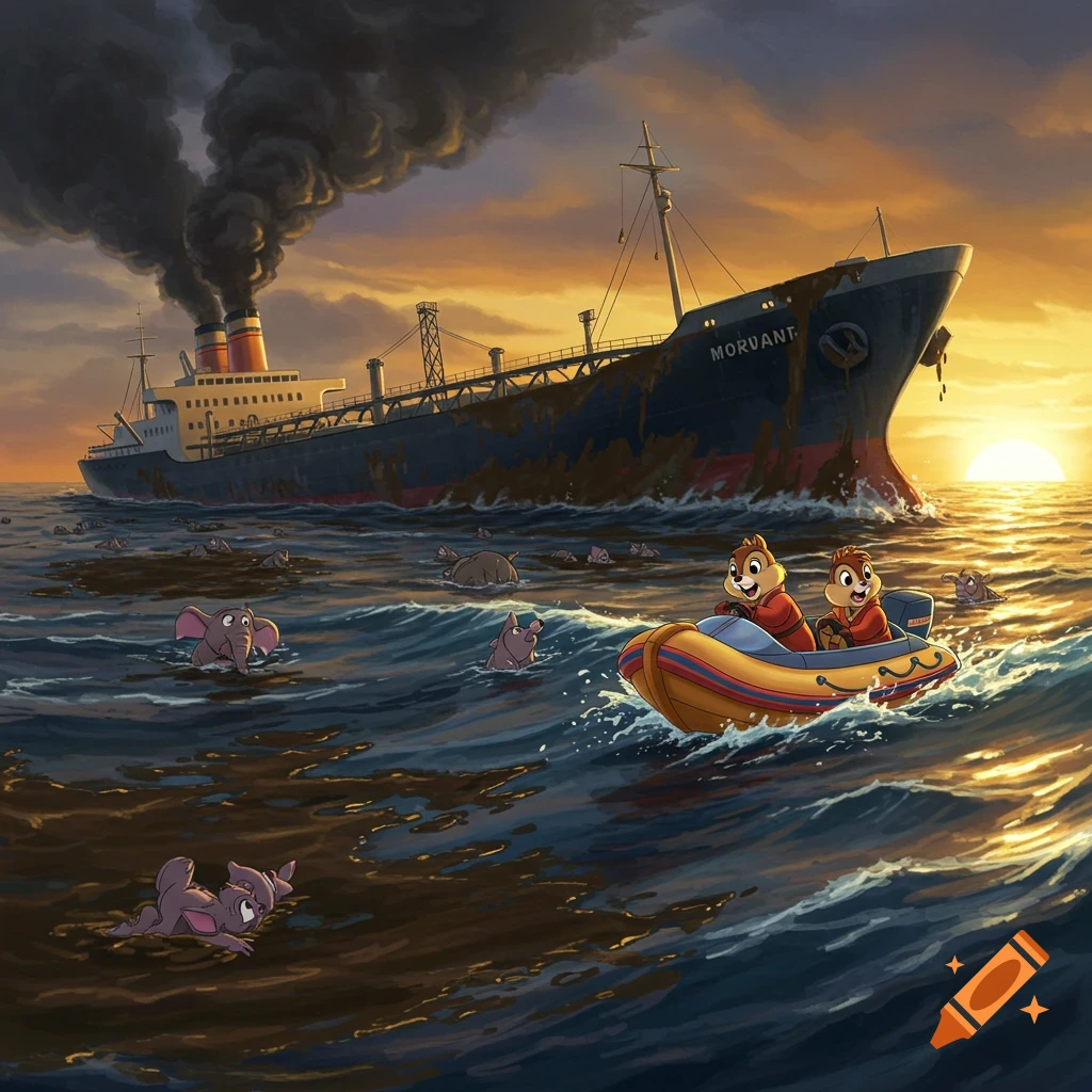 Chip and Dale in a small boat rescue cartoon animals from an oil-covered ocean beside a large tanker emitting smoke at sunset.