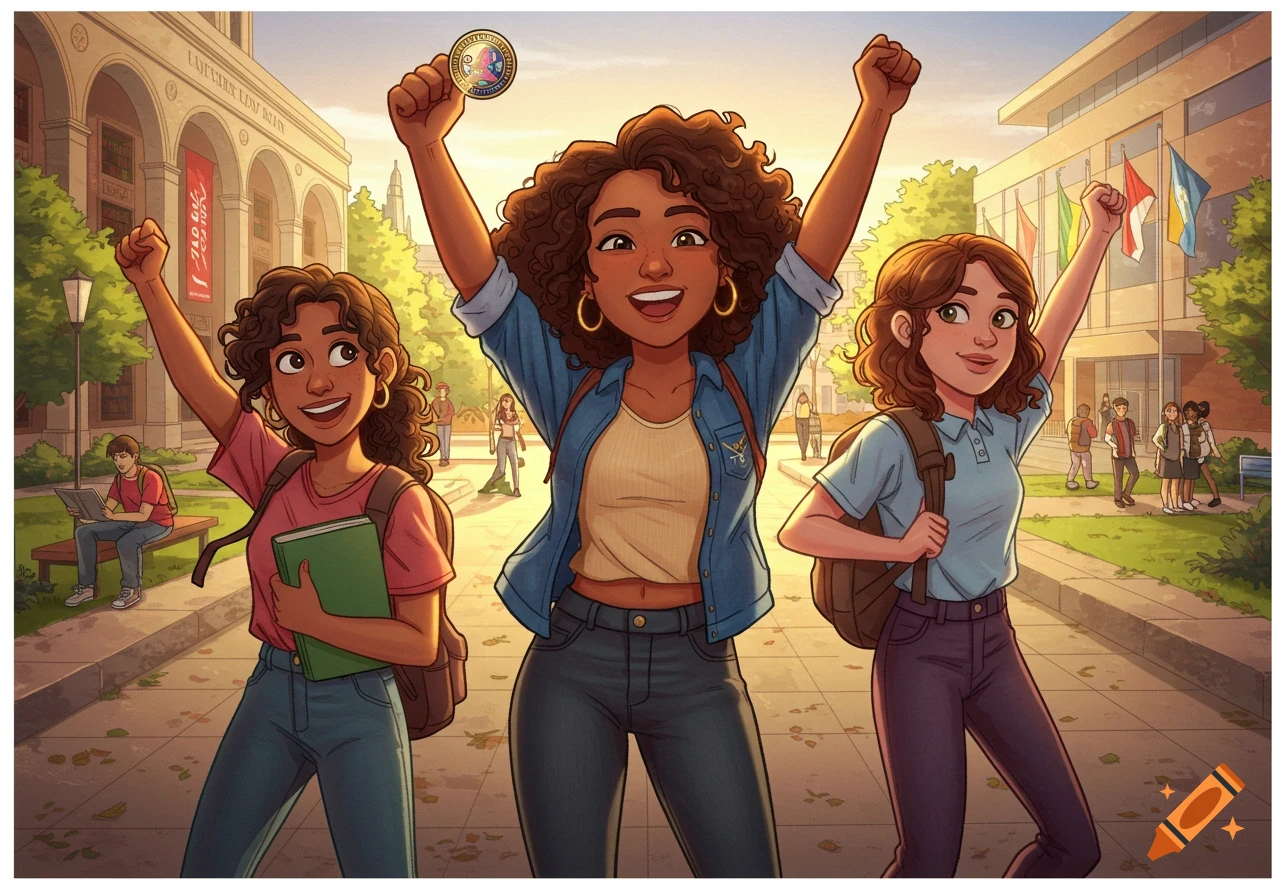 Three cheerful young women, appearing as students, raise their arms in celebration on a college campus at sunset, in a vibrant cartoon style.