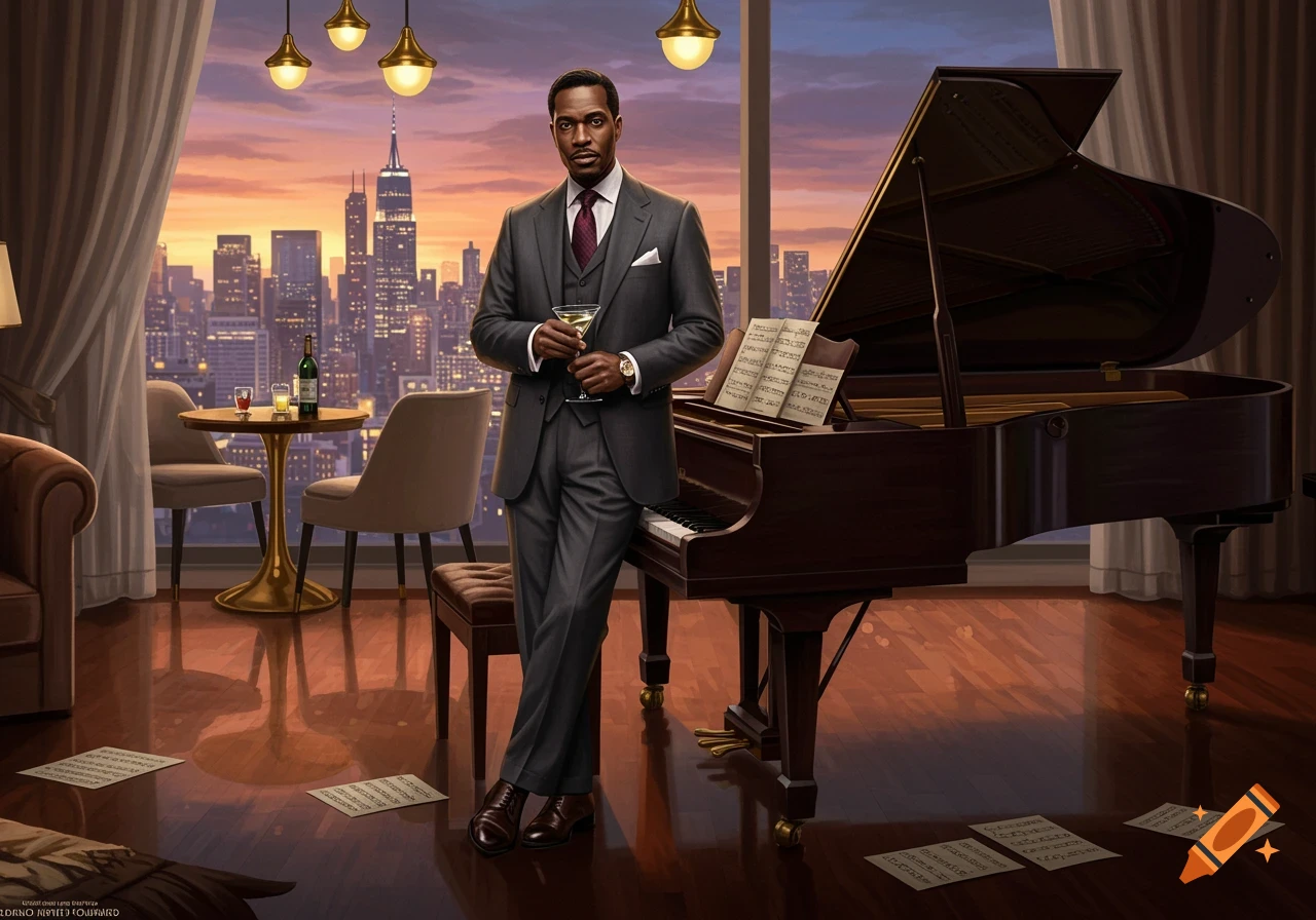 A suave man in a suit holds a martini next to a grand piano in a luxurious apartment overlooking a city skyline at sunset.