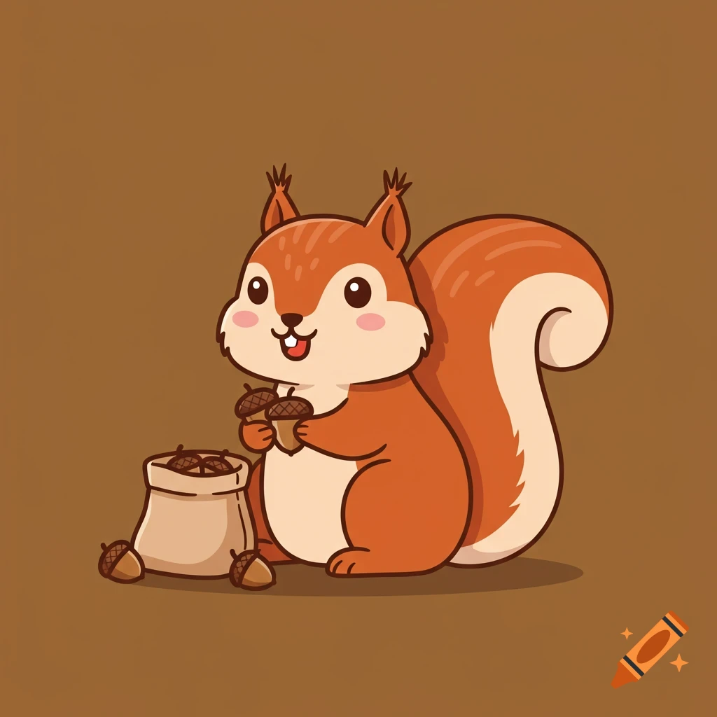 A cute cartoon squirrel holding two acorns, sitting next to a bag full of acorns on a brown background.
