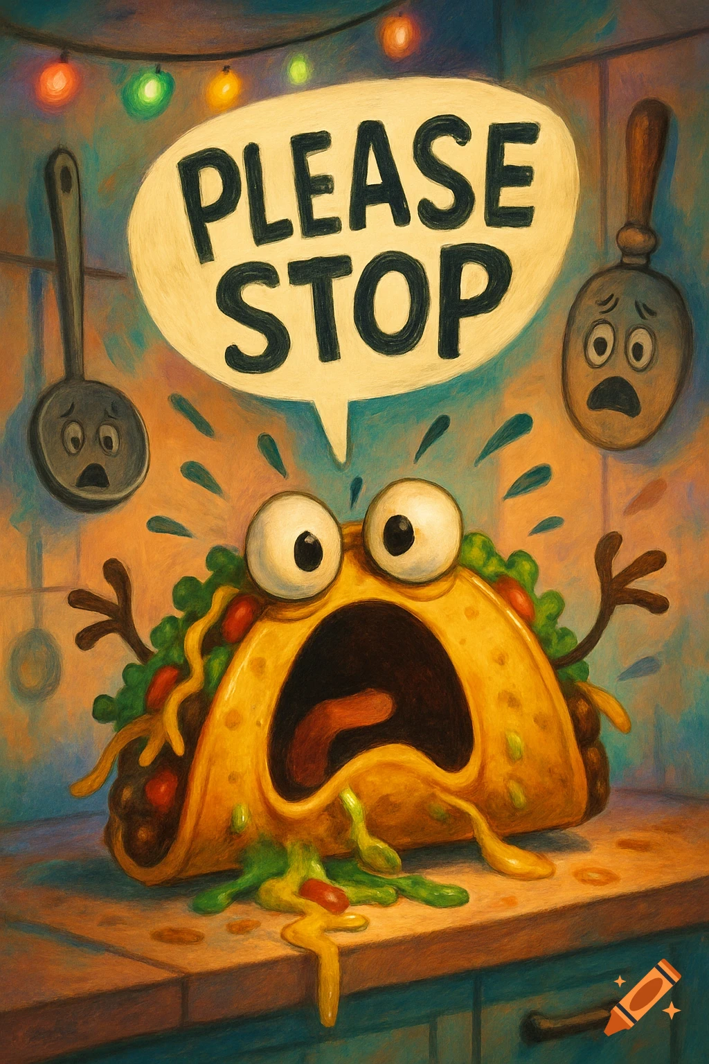 Cartoon illustration of a frightened taco with wide eyes and melting ingredients screaming 'PLEASE STOP' in a kitchen setting with sad utensils.