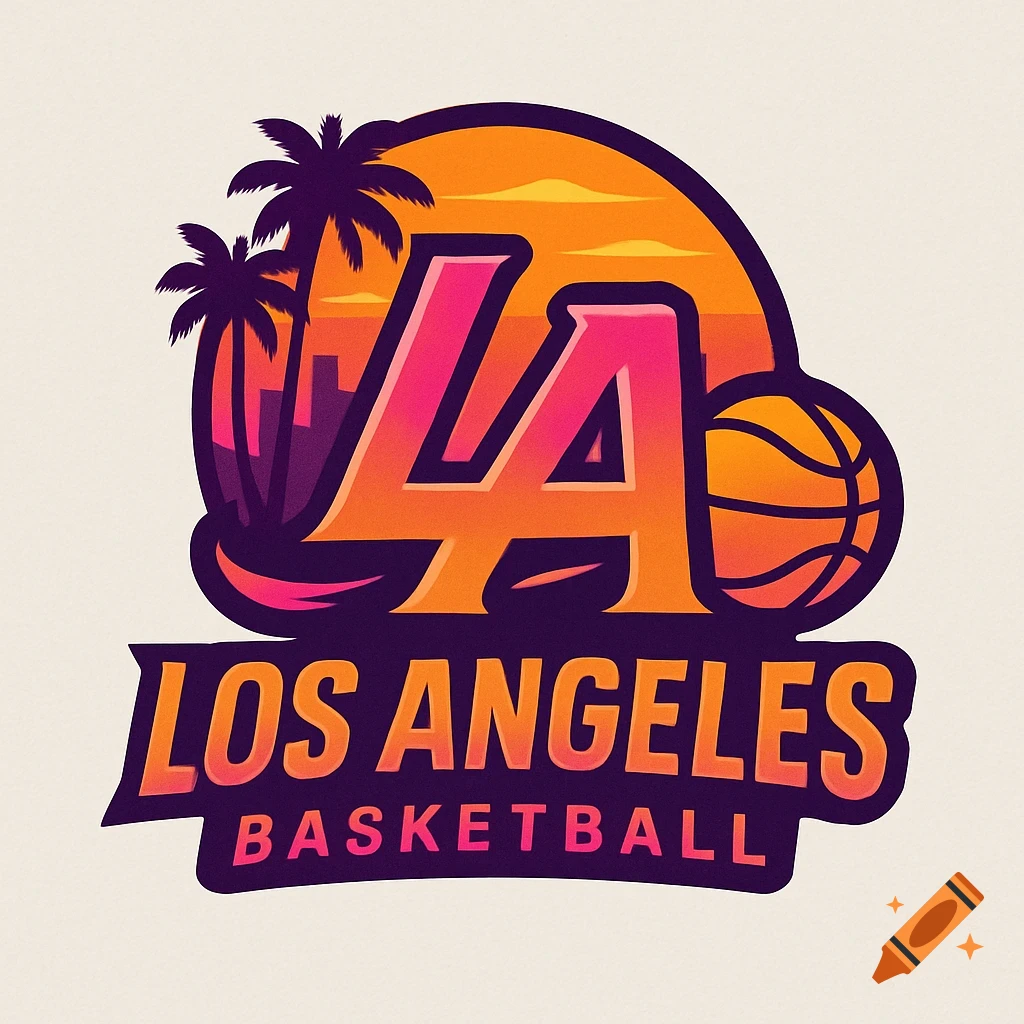 A vibrant Los Angeles basketball logo with palm trees, a sunset, and a basketball.