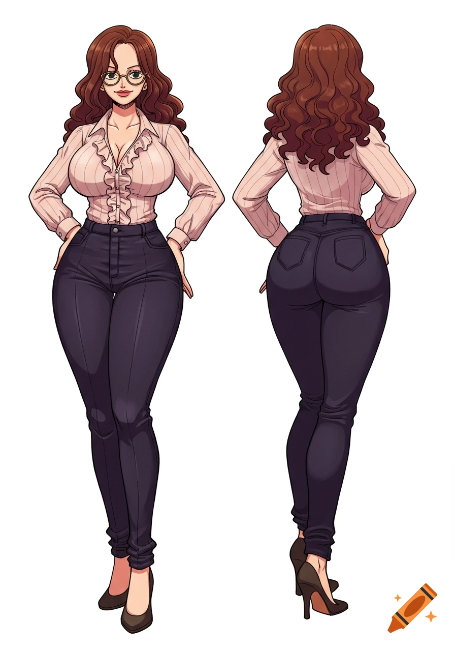 Front and back view of a curvy woman with curly brown hair and glasses, wearing a ruffled pink blouse, dark pants, and high heels, in a One Piece style illustration.
