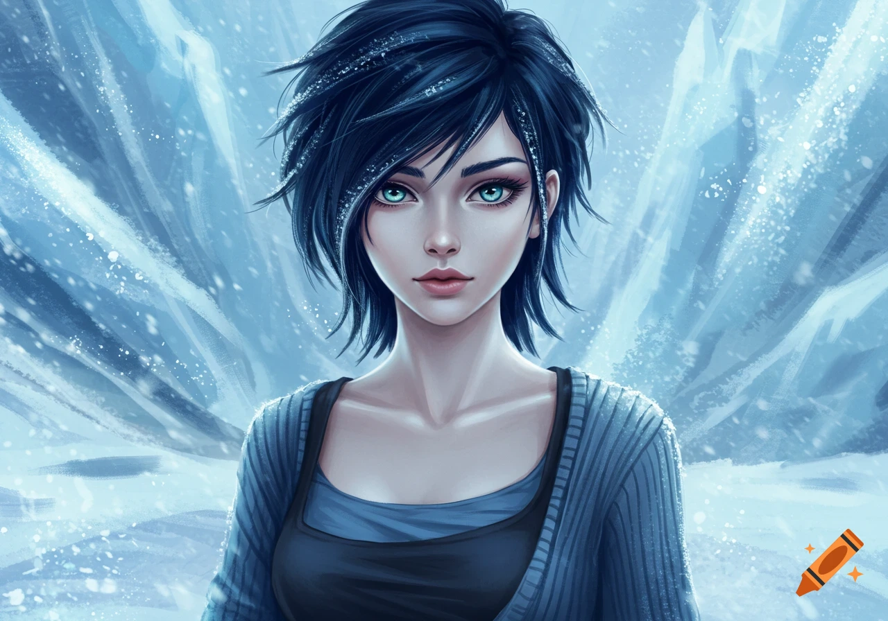 Digitally painted portrait of a young woman with dark spiky hair, blue-green eyes, wearing a blue and black layered outfit, against an icy blue background with falling snow.