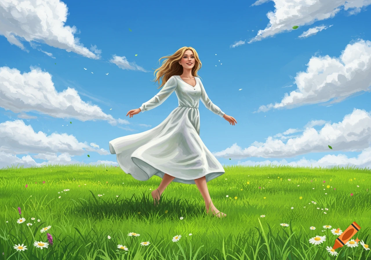 Illustrated woman in a white dress skipping through a green field with daisies under a blue sky.